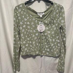 Green cardigan with white floral pattern, size medium, BRAND NEW